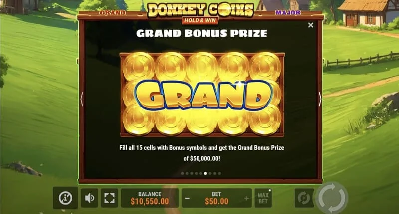 Donkey Coins Hold & Win - pantalla con Jackpots Mini, Minor, Major, Grand